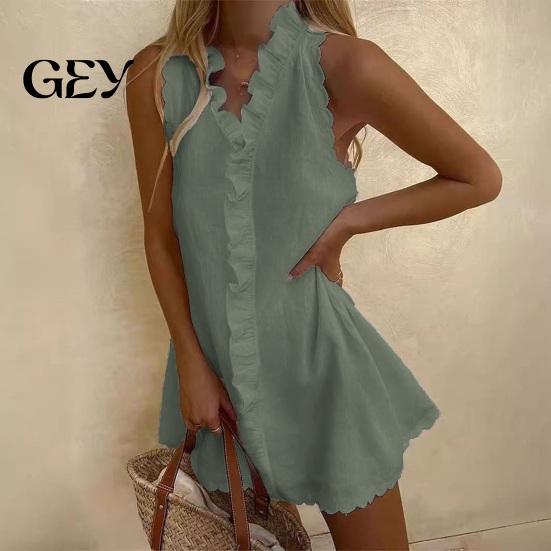 Ruffle Mini Skirt Dress Summer for Women, Sleeveless V Neck Cotton Sundress Beach Vacation Linen Short Dress, Boho Casual A-Line Women