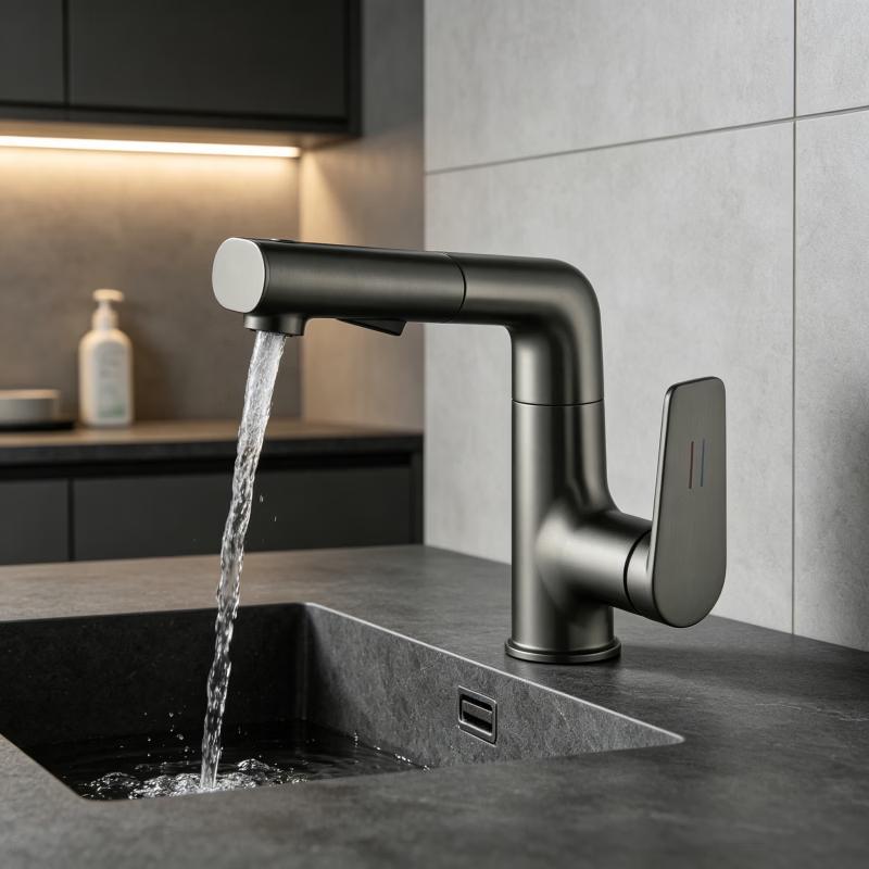 Qidanna Gunmetal Gray Pull-out Swivel Bathroom Faucet