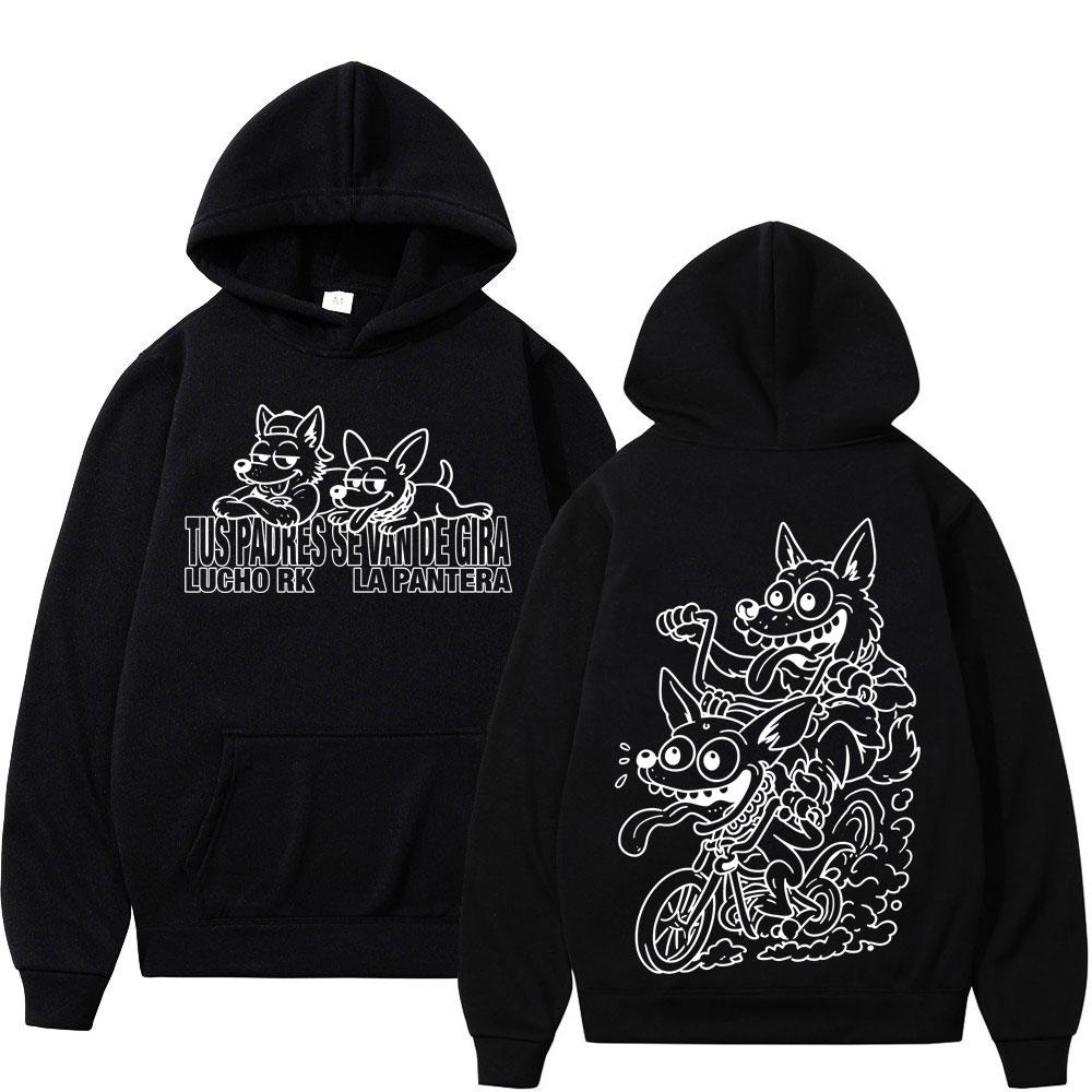 Comic-dog Men Hoodie Chest Funny Cartoon Puppy Print, Dog Riding Bike Line Art Back Graphic, Cozy Fleece Pullover Sweatshirt for Weekend Casual Wear