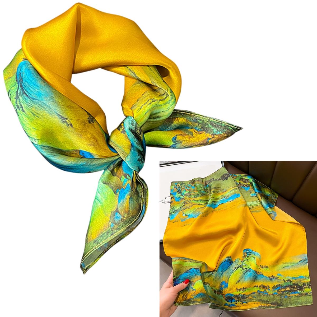 

Women 100% Mulberry Real Silk Scarf 53cm Luxury Kerchief Spring Autumn Neckerchief Brand Oil Painting Chinese & Painting Style