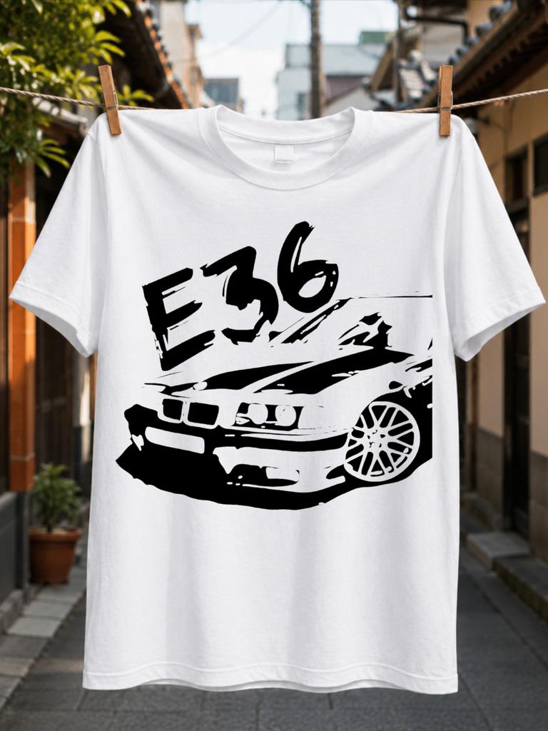 E36 Front View Car Graphic Stencil Line Art Bold E36 Text Minimal Gerunisex Automotive Style Tee Unisex All TShirt
