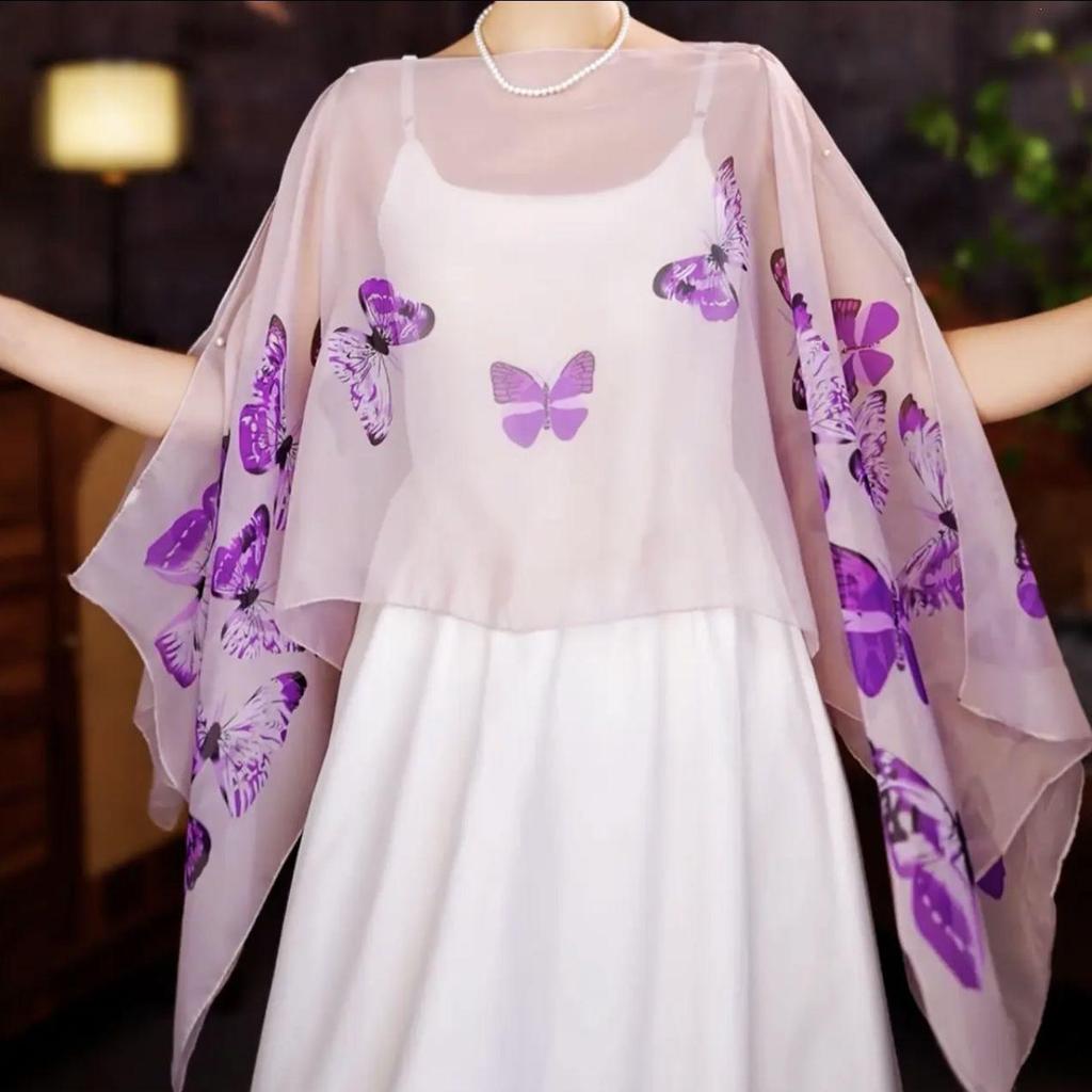 2025 Summer Women's Butterfly Print Silk Scarf and Sun Protection Shawl