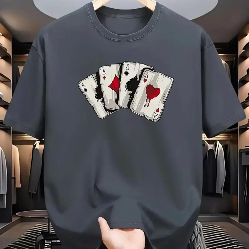 Herren Sommer 100% Reine Modische Lässige Lockere Sportliche Poker Karten Muster Gedrucktes Rundhals Kurzarm T-Shirt Top