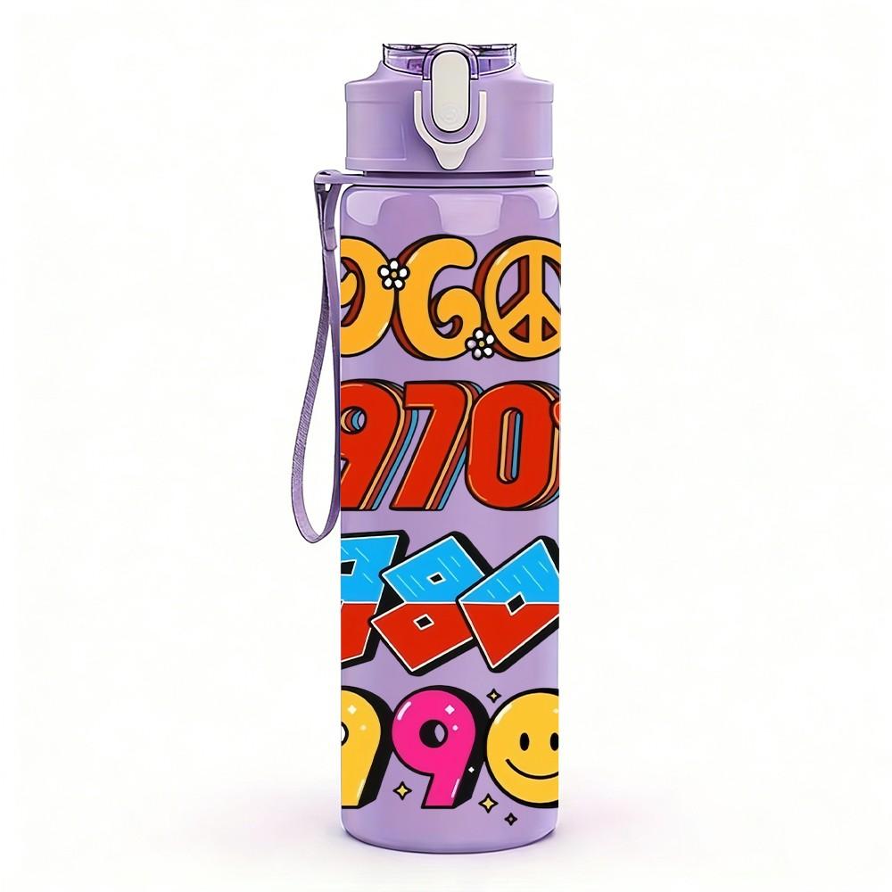 1PC Sixties Seventies Eighties Retro Badge Art 750ml Color Plastic Sports Water Bottle Leakproof Flip Straw Lid Suitable for Sports Office Home Use