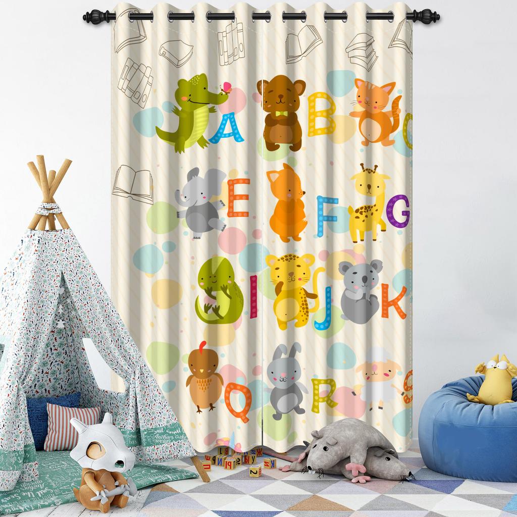 Cartoon Pattern Blackout Curtains 2Pcs Educational Fun Design For Children'S Room Living Room Bedroom Window Decor Grommet Top