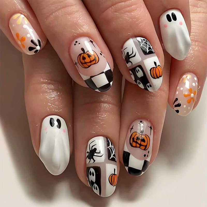 24pcs Halloween Press On Nails Short Oval Bat Fake Nails with Spider Skull Pumpkin Spider Web Designs Ghost False Nail Halloween Acrylic Nail Kit