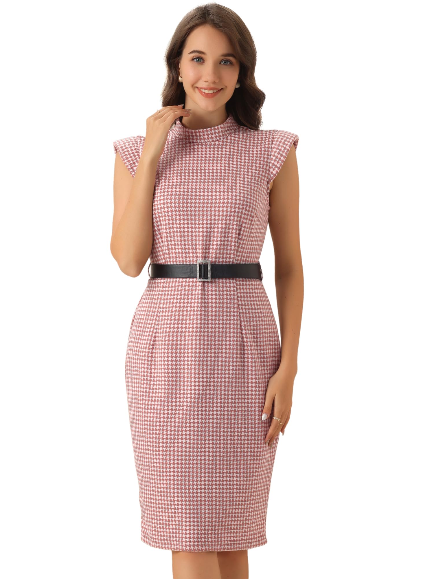 

Allegra K Women s Vintage Business Dress, Cap Sleeve, Houndstooth, Pencil Dress with Belt, Checked Slim Dress, Dusty Pink, Size M