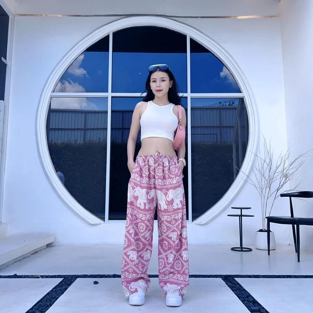 Elephant Pants Women Men Unisex Premium Japanese Silk Print Thailand Casual Streetwear Beach Bohemian Retro Vintage Adjustable Rope Loose Legs