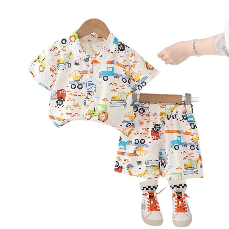 Boys' Cartoon Excavator Summer Shirt & Shorts Set - Trendy 2026 Thin Short Sleeve Outfit for Baby Boys