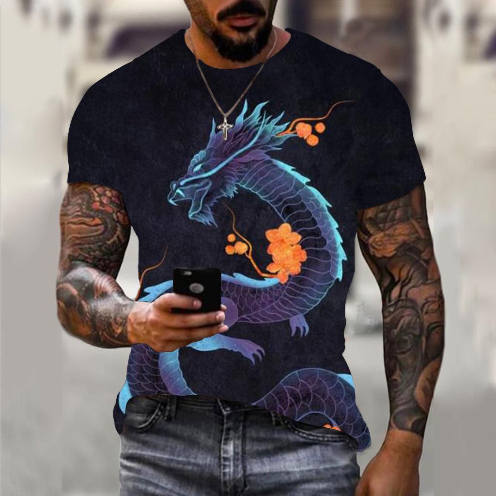Summer Round Neck 3D Dragon Print Top Fashionable Casual Short Sleeved Men's T-shirts