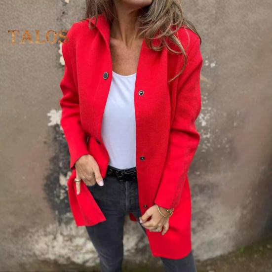 Damen Wolljacke mit Kapuze, einfarbig, einreihig, mittellang, Thermo-Langarm, Pendeln, Dating, Frühling, Herbst, Wintermantel