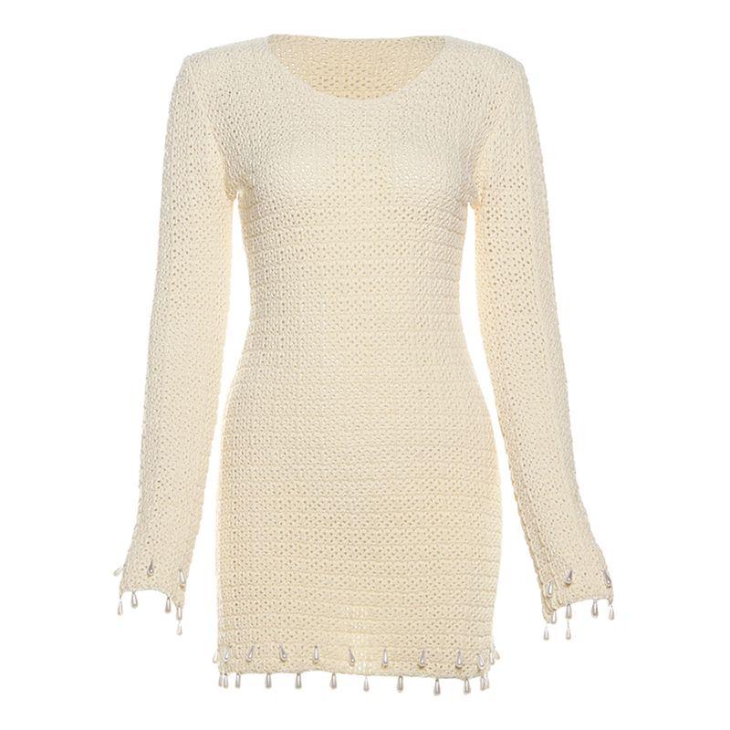 

# Sisjuly# Sunny Coast Sexy Knitting Cut Out Design Pearl Pendant Beach Long Sleeves Dress Female Summer Apricot color L