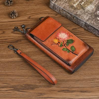 Genuine Leather Women's Wallet Hand Purse Embossed Phone Bag Retro Mini Crossbody Bag