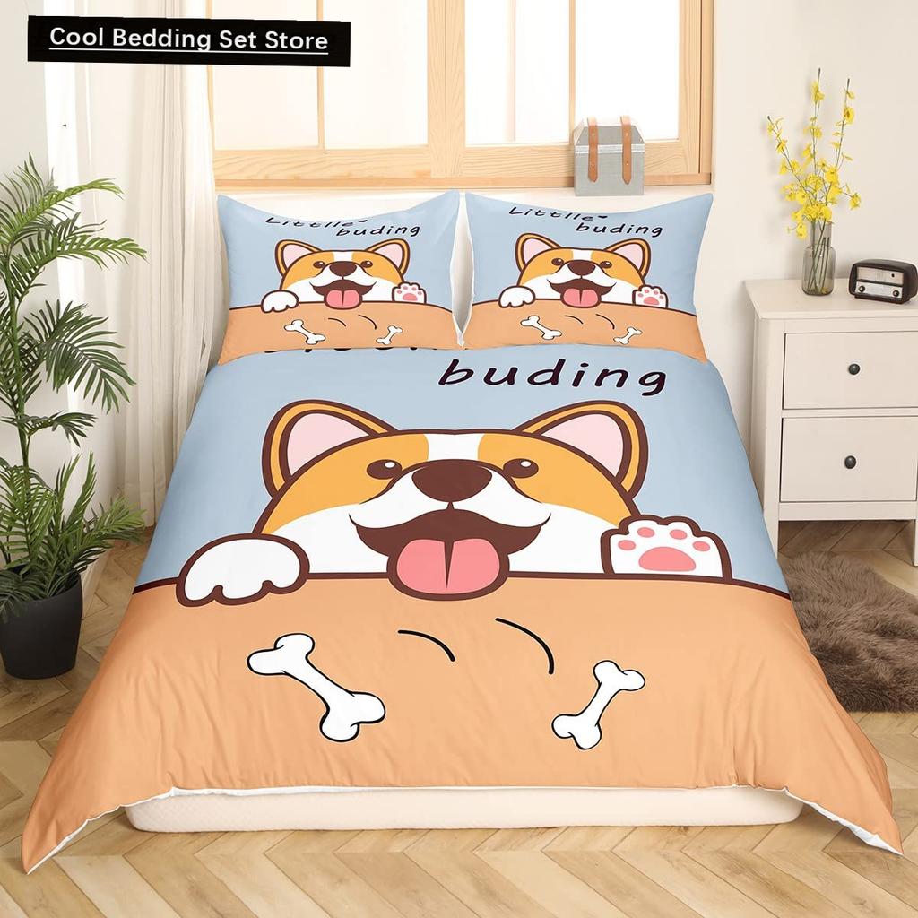 Cartoon Shiba Inu King Queen Bedding Set Yellow Pet Puppy Duvet Cover Cherry Blossoms Tree Quilt Cover Polyester Comforter Cover