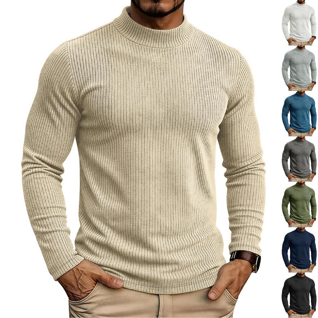 Men's Long Sleeve Stand Collar Knit Pullover Base Layer T-Shirt