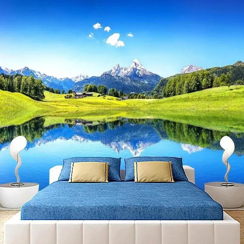 Přírodní scenérie 3D nástěnná malba Modré jezero Foto nástěnná malba Obývací pokoj Ložnice Domácí dekorace Tapeta
