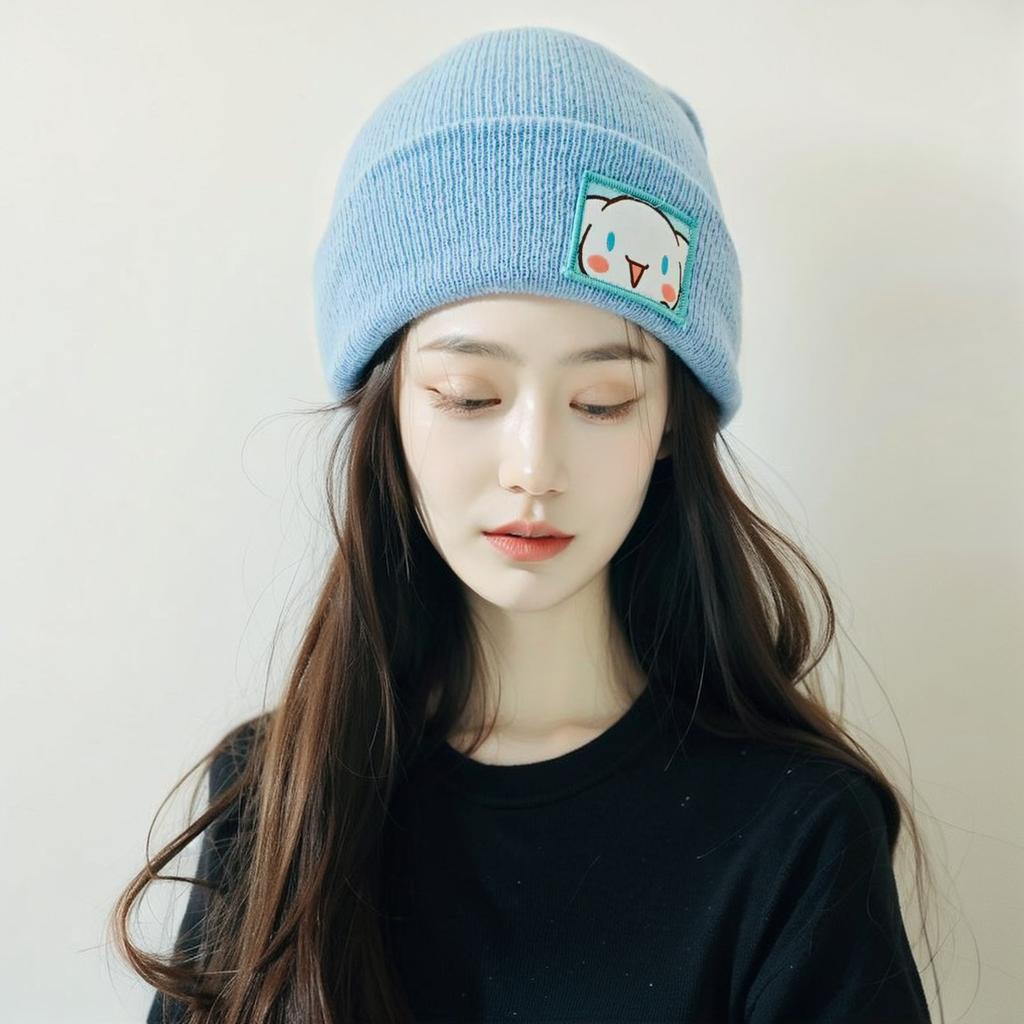  "Cute Embroidered Cartoon Knit Beanie Warm and Windproof Woolen Hat for Autumn and Winter"