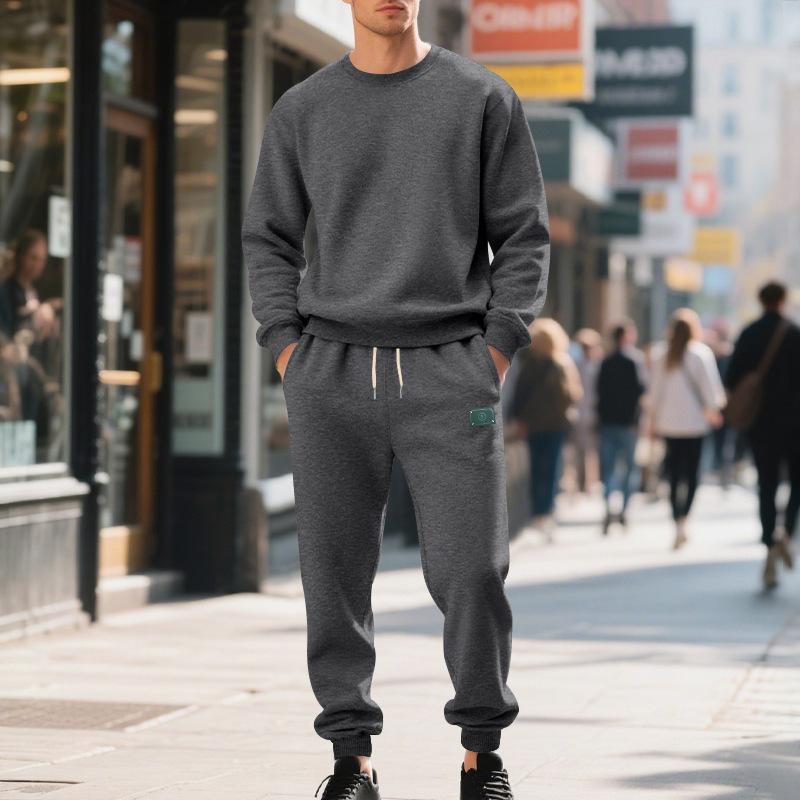 Herren-Sweatshirt und Hosen-Set im amerikanischen Stil für Herbst/Winter, locker geschnitten, thermisch gefüttert mit Fleece, minimalistisch, lässig, mit Rundhalsausschnitt