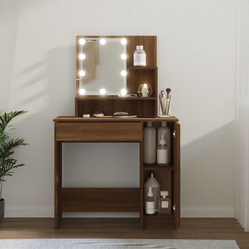 Makeup Table with LED Lights Brown Oak Effect 86.5 x 35 x 136 cm