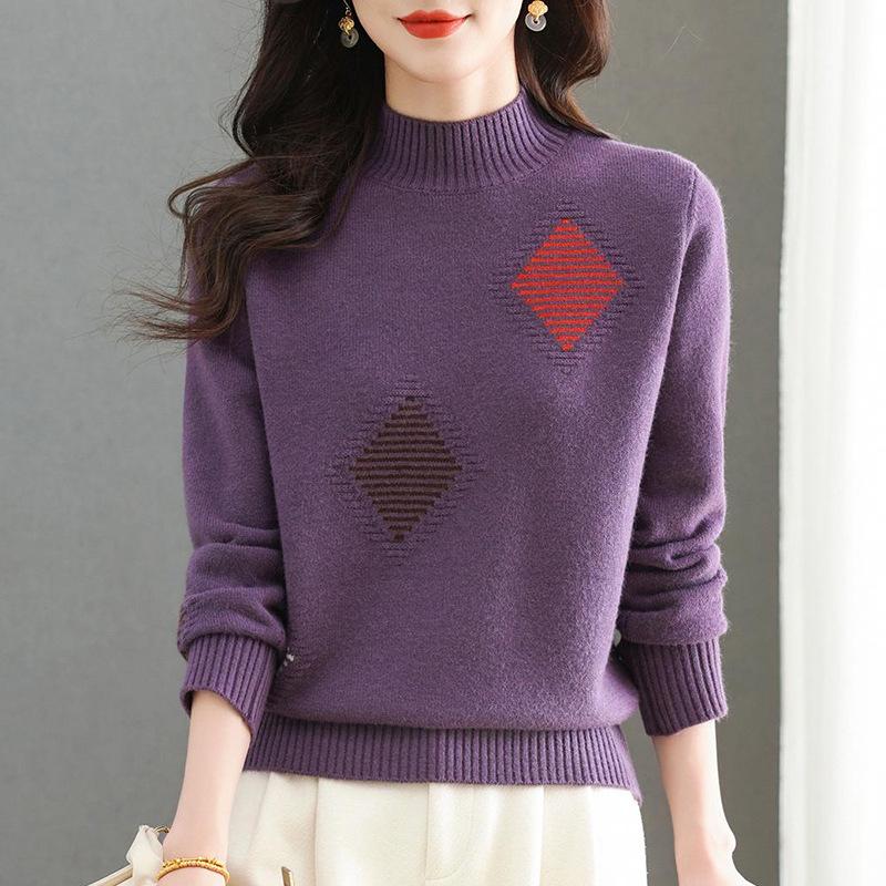 Solid-color Sweater Women's Trendy Casual Long-sleeved Knitted Sweater Loose Half Turtleneck Pullover Autumn and Winter Top