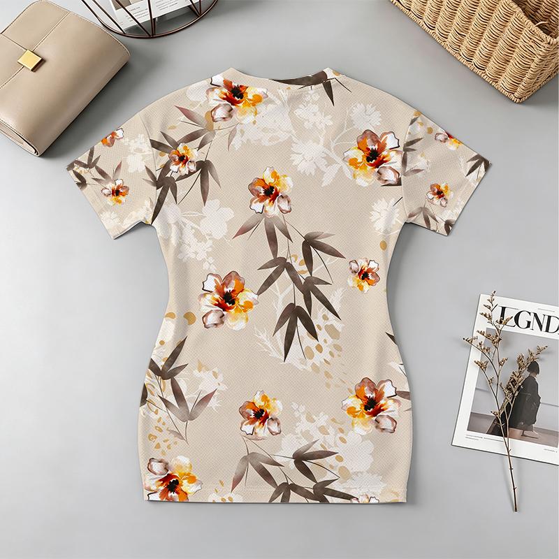 Sweet & Cool Floral V-Neck Short Sleeve Bodycon Dress – Skin-Friendly Slim Fit, Versatile for Beach Vacations & Afternoon Tea