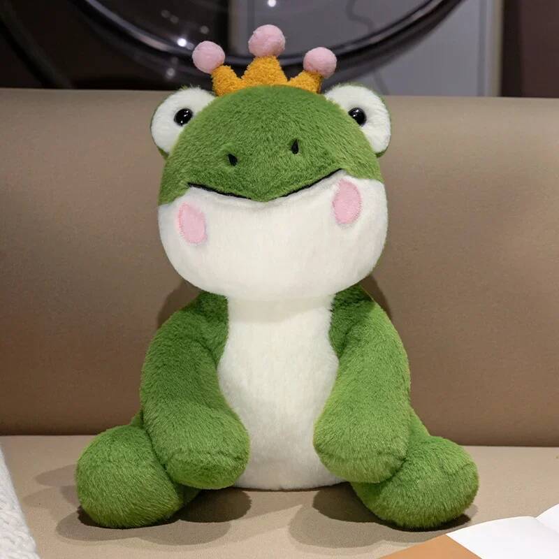 Cute Frog Plush Toy Throw Pillow Playful Green Frog Wear Crown Bed Soothing Doll Children Birthday Gift Room Decoration