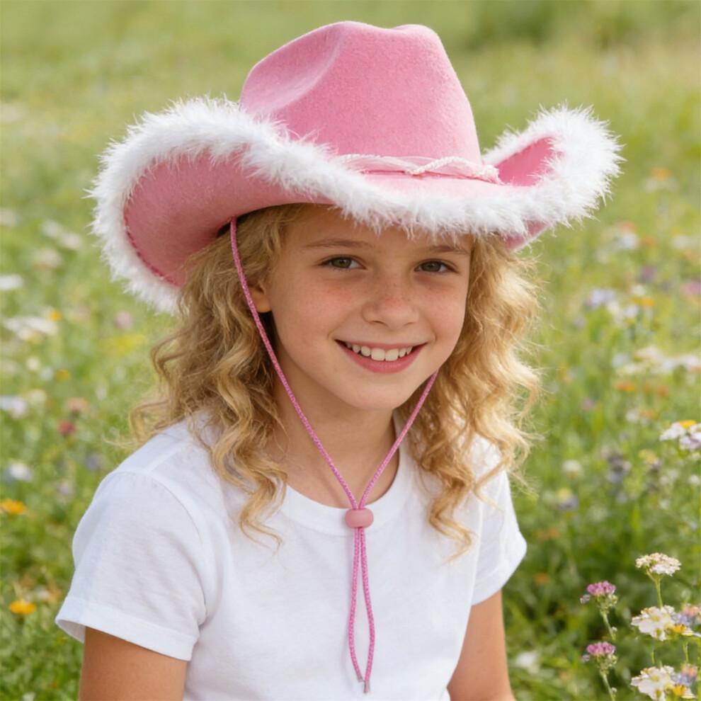 (M, Pink) Girls Cowgirl Hat Plush Edge Stylish Western Sun Hat with Pearl Ribbon Bow Belt Decor