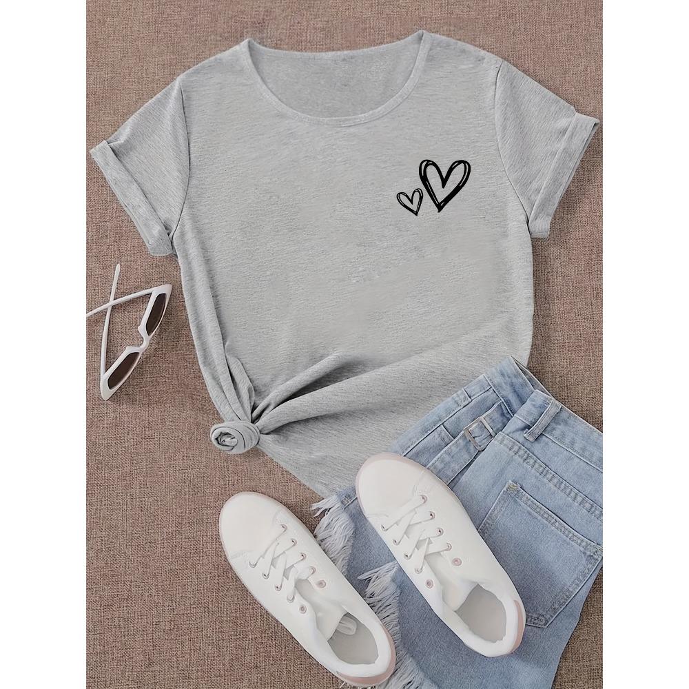 Fabric with White Hearts Fit Round Neck Summer Sports Casual Attire Women's Casual Sleeve T-Shirt Breathable Aesthetic Clothes