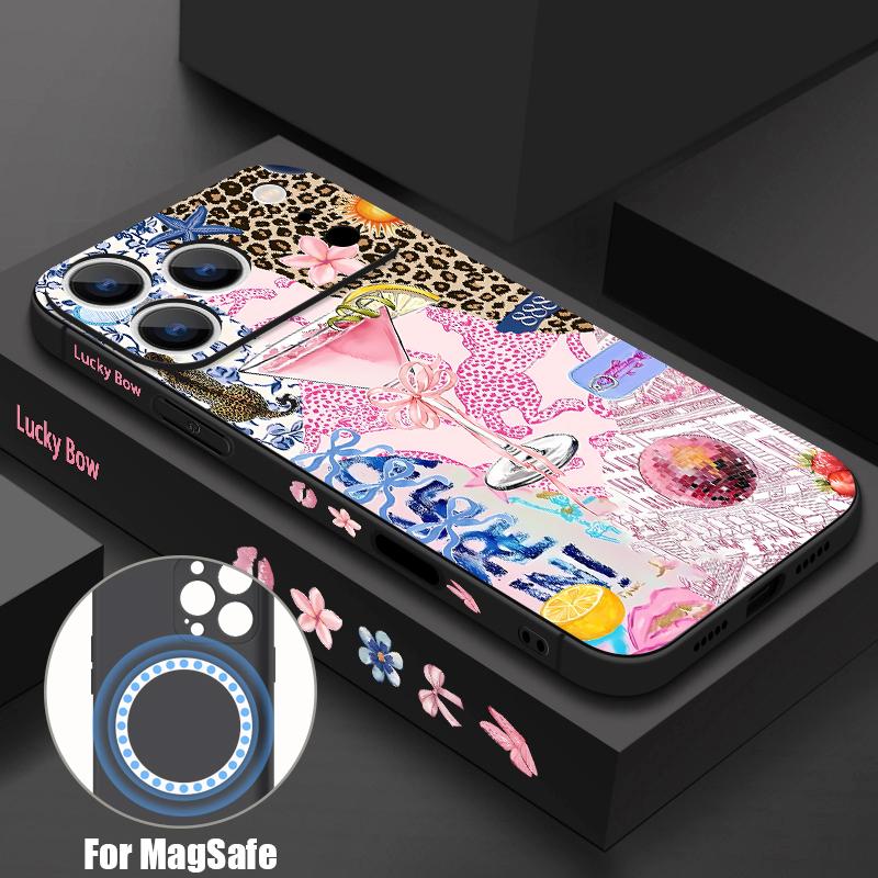 For iPhone 17 Pro Max Case Pink Goblet Bowknots Disco Ball Magnetic For Magsafe Silicone Cover For iPhone 16 Pro Max Funda iPhone 15 14 13 12 11 16E