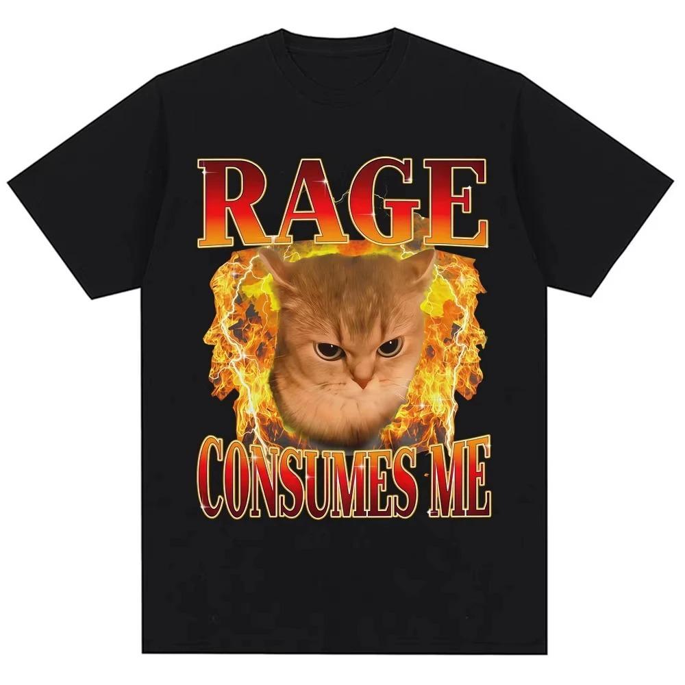 

RAGE CONSUMES ME Funny Cat T-Shirt Angry Flaming Kitten Graphic Tee with Fire Effect Black Top for Men Women Humor Gift M