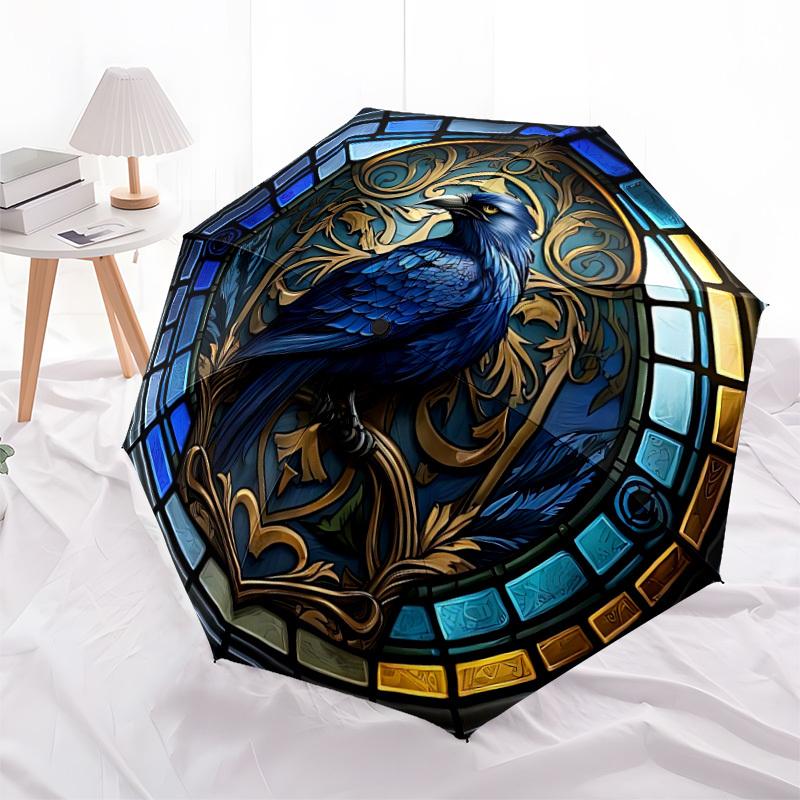 1pc Stained Glass Raven Automatic Open/Close Umbrella - Compact Travel Umbrella with 8-Rib Durable Frame, Lightweight & Portable for Commuting, Fashio