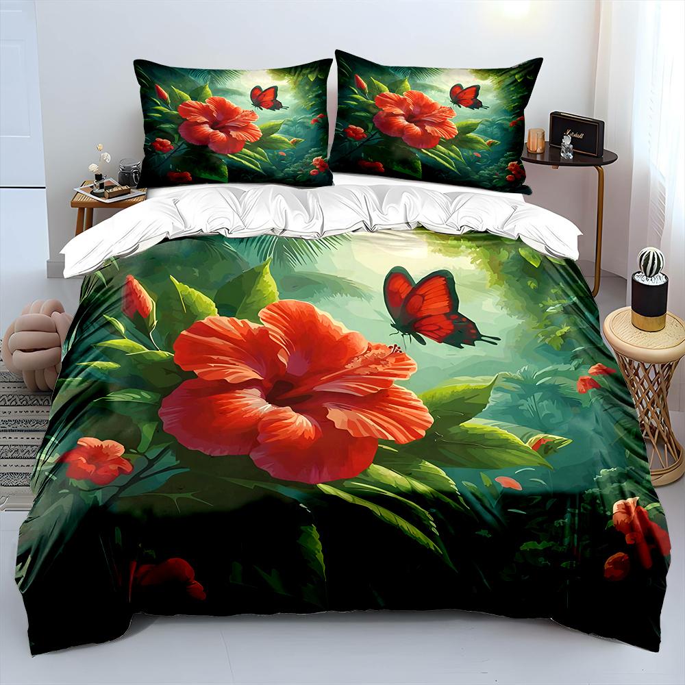 Red flower and butterfly in forest Bedding Set for Kids Luxury Gift 3pcs Digital Print Comforter Set Soft Comfortable Breathable
