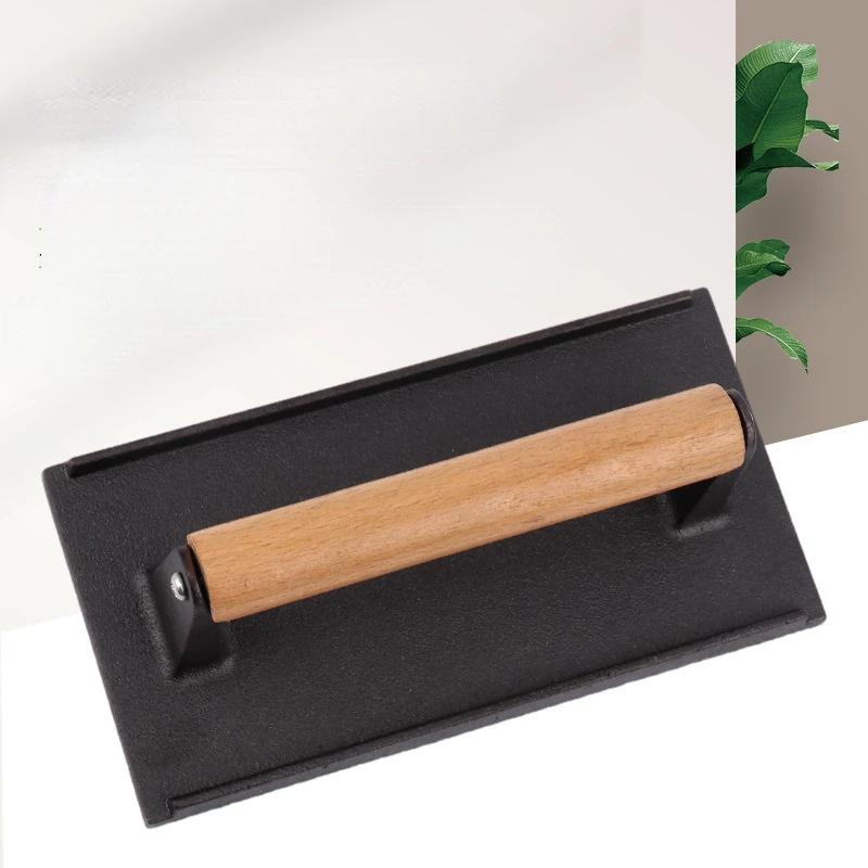 1pc Cast Iron Grill Press Rectangle Cast Wood Handle Meat Steak Bacon Squid Grill Fried Sandwich BBQ Pressure Plate Cooking Tool