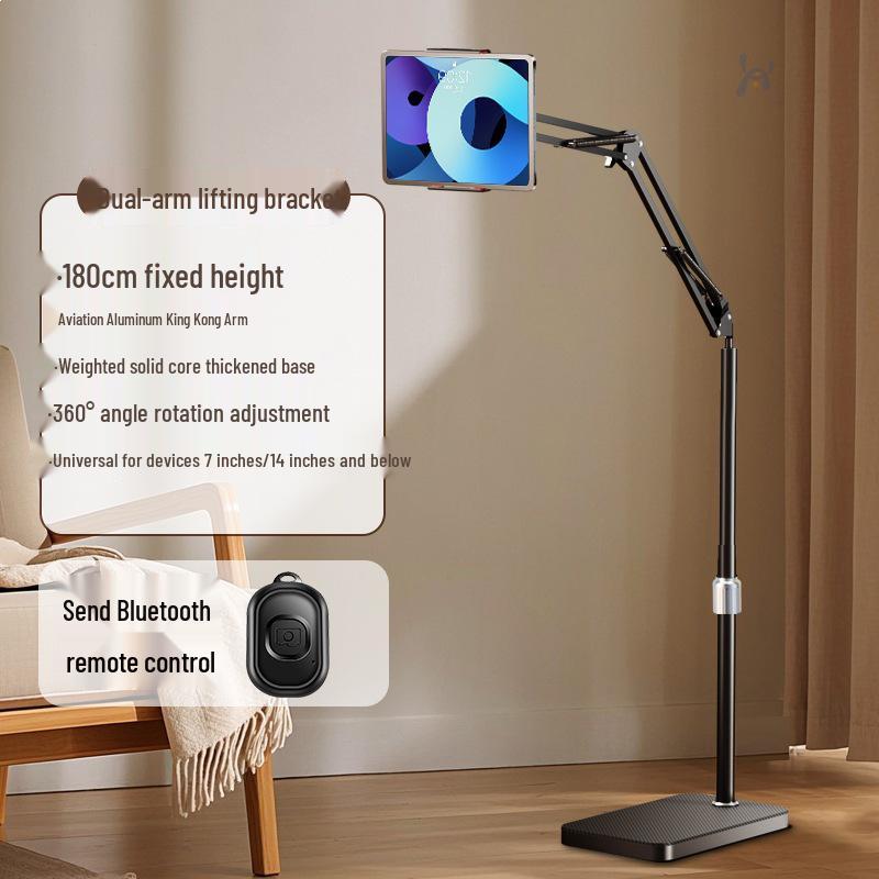 Universal Mobile Device Floor Stand with Telescopic Arm for Binge-Watching and Live Streaming