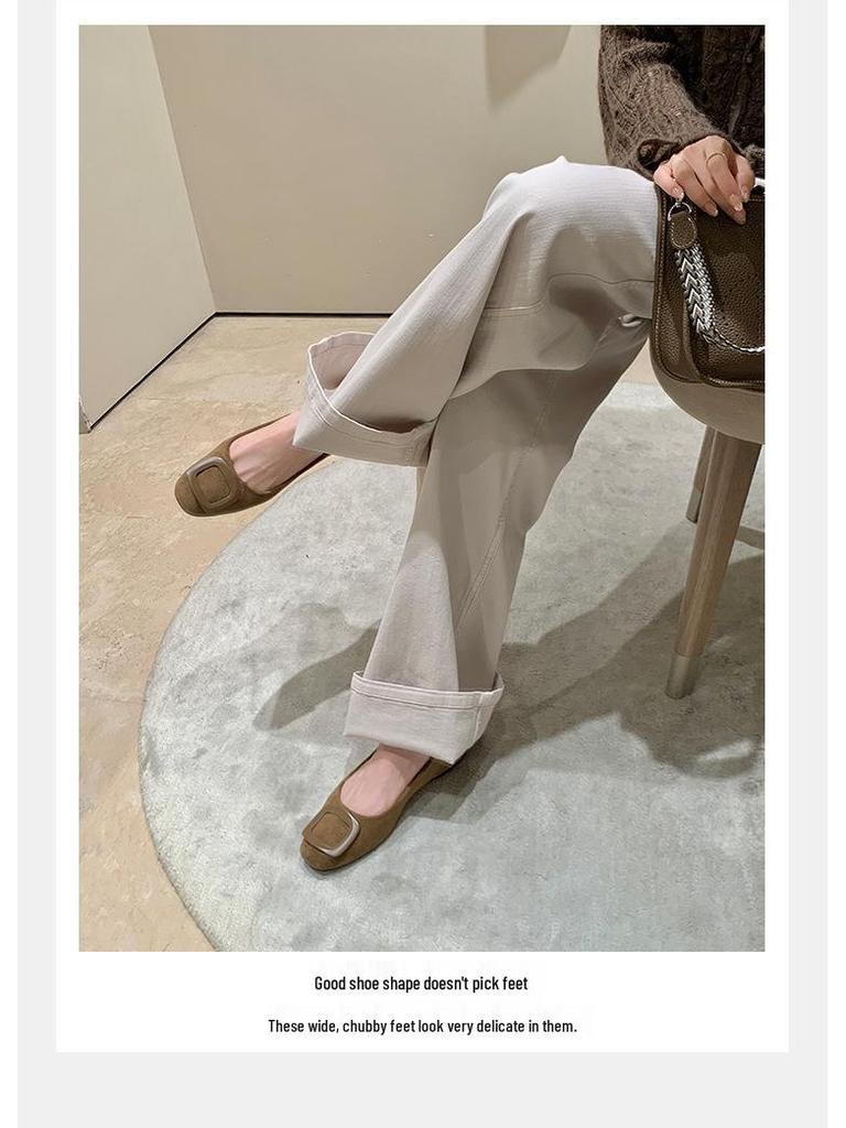 Autumn Round Toe Suede Commuter Flats: Elegant Square Buckle Design for Women