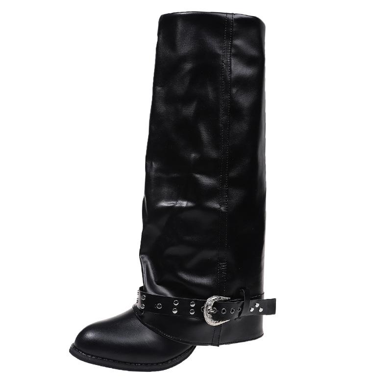 American Retro Rivet Knight Boots Women'S Pointed Head Thick Heel Old Pleated Stacked Pants Tube Boots Belt Buckle Western Style