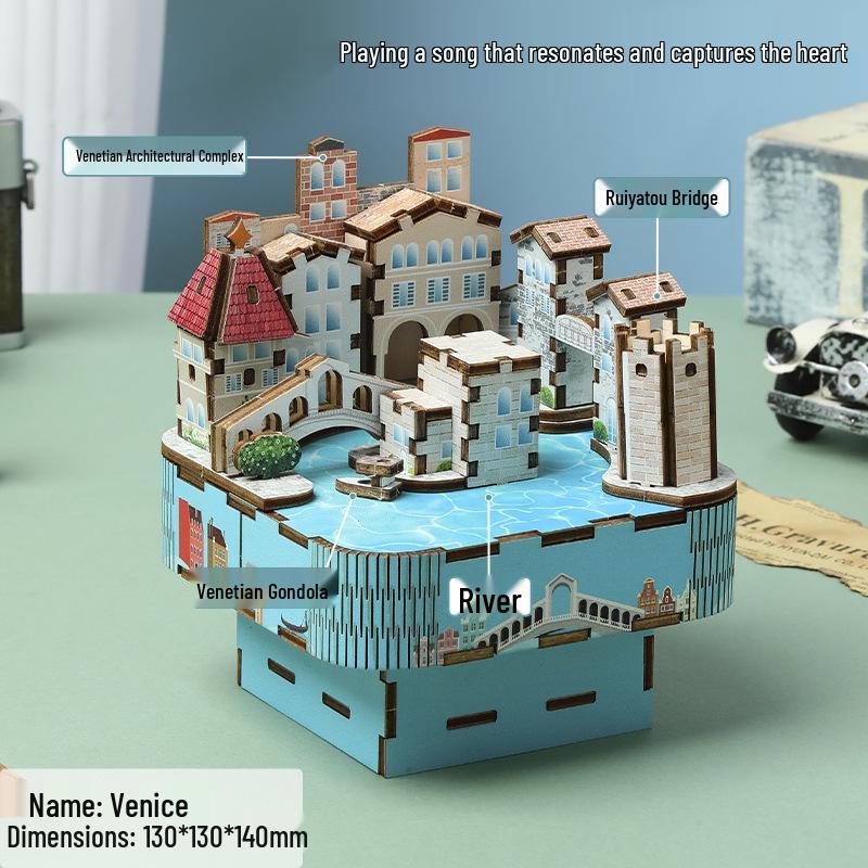 Chinese Style Wooden 3D Puzzle Music Box: City Model Ornament & Educational Toy Gift