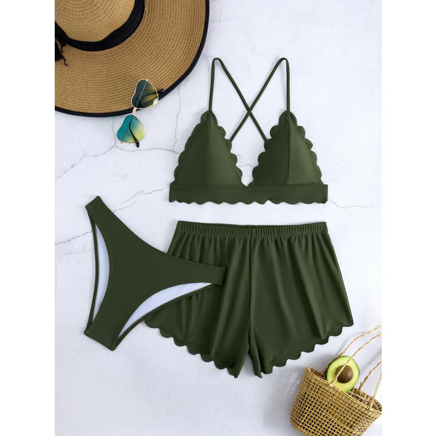 Women's 3 Piece Swimsuit Set Sexy Tie Side Bikini with Skirt Cover Up, Solid Color Swimwear for Summer Beach Vacation 0963
