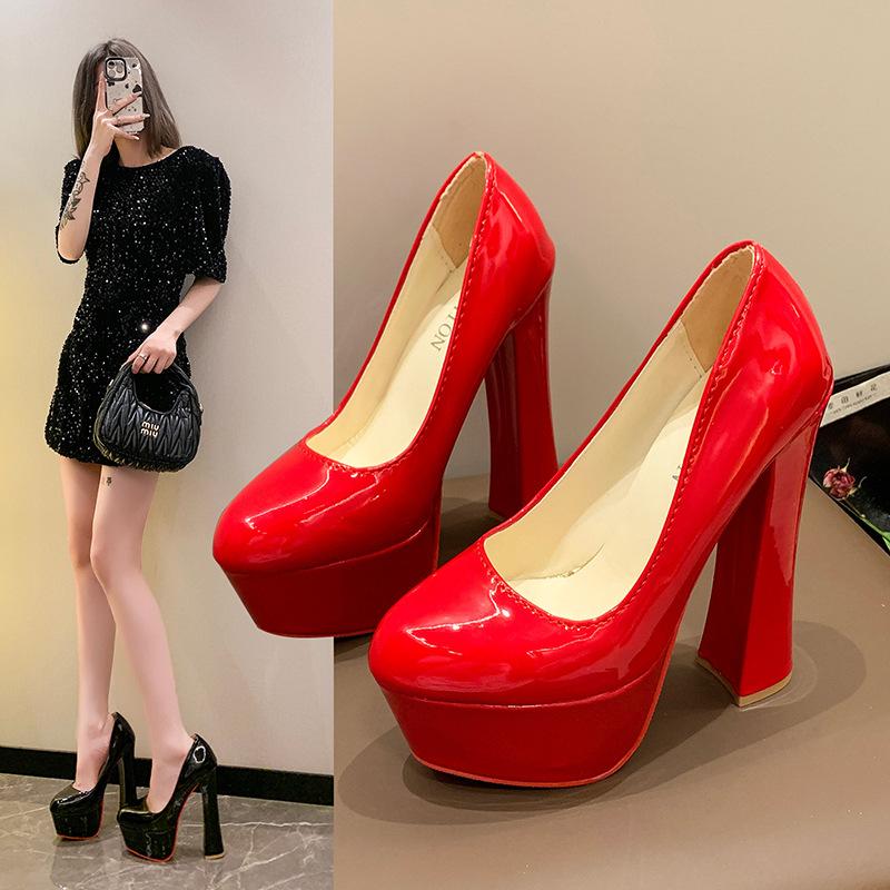 Sexy and Lovely Super High Heels for Women Thick Heel Thick Waterproof Table Round Head French Retro Shallow Mouth Single Shoes