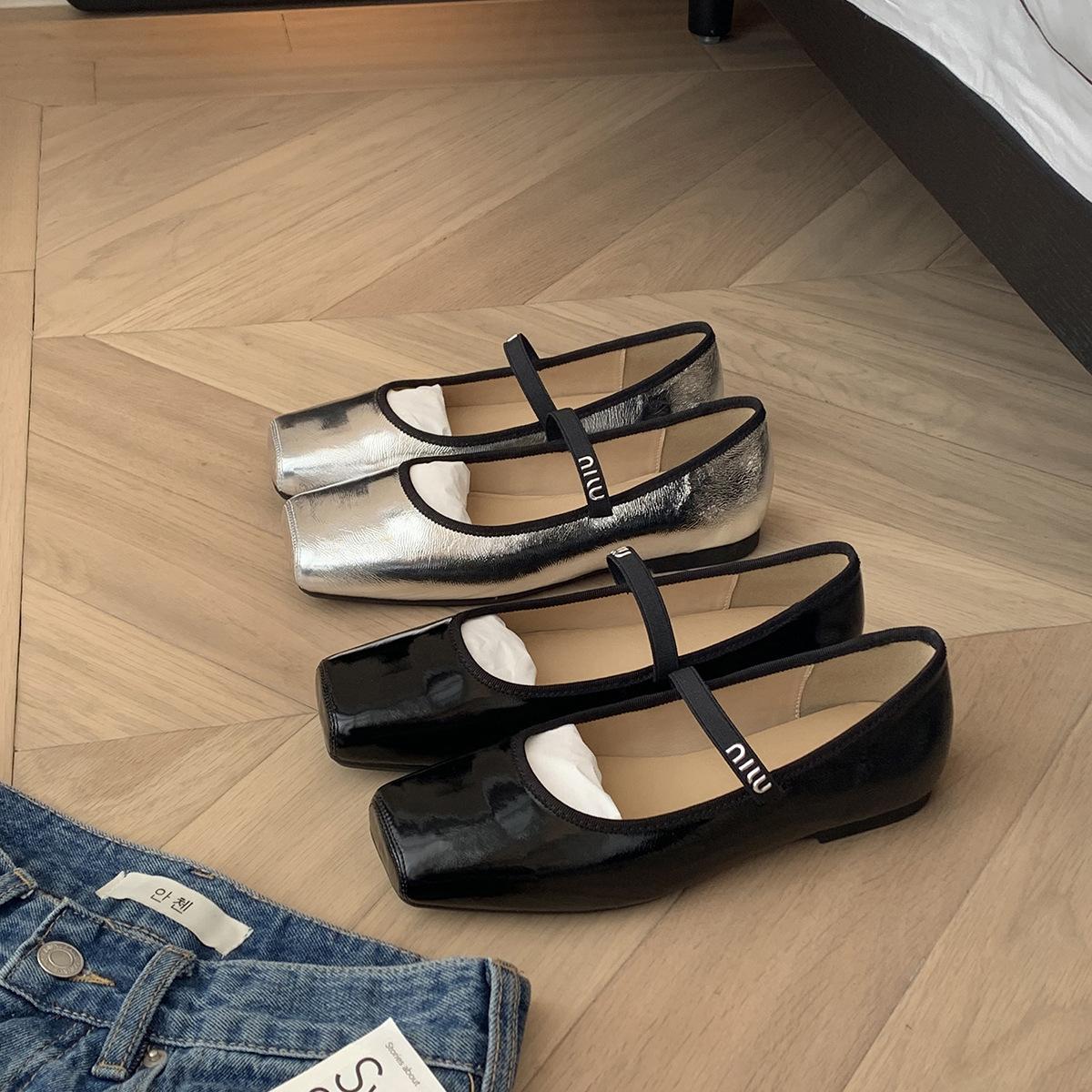 

Sheepskin version~ Grape mother, the same letter French square head with versatile ballet Mary Jane shoes women s single shoes 40 чёрный