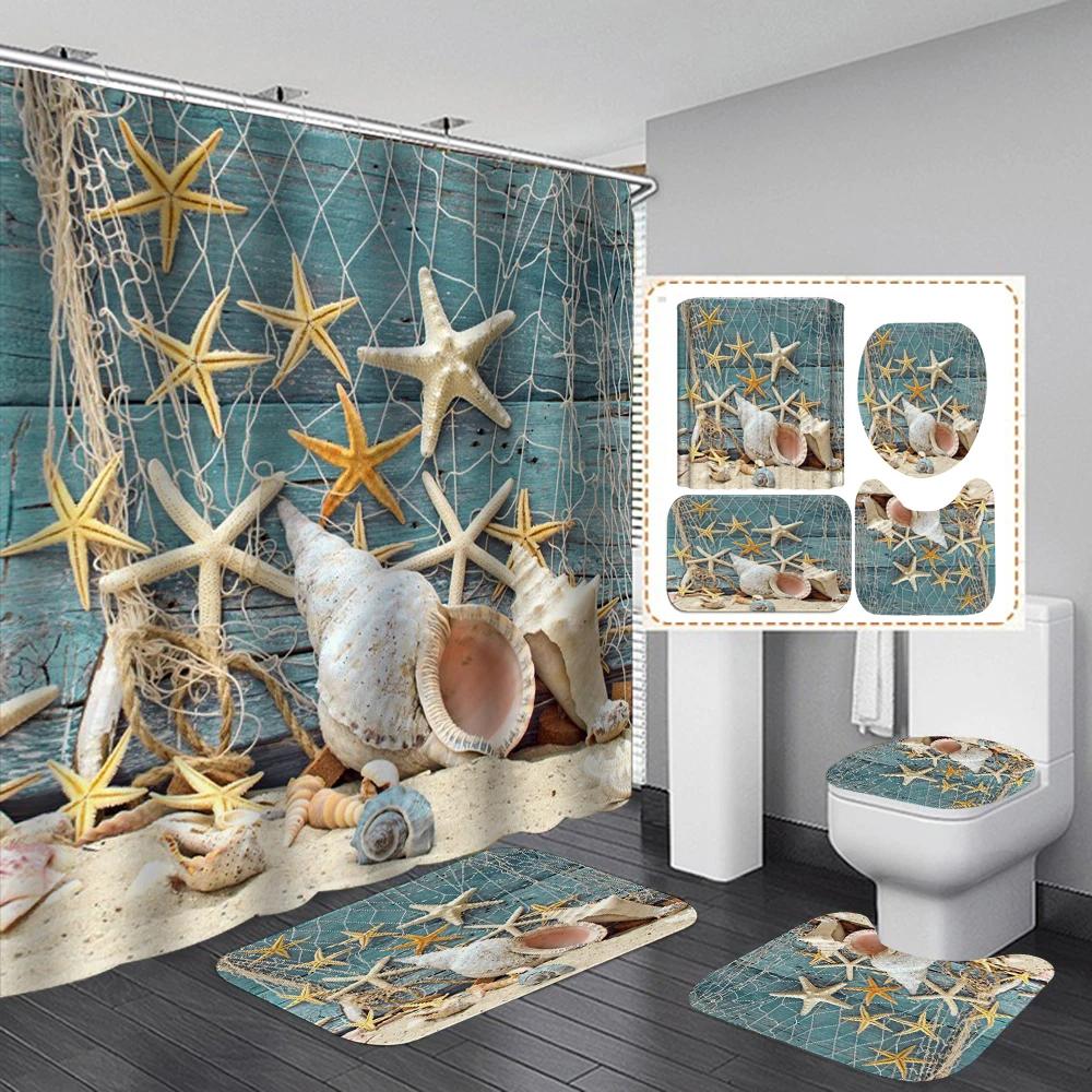 3D Dusk Beach Coconut Tree Waterproof Shower Curtains Purple Polyester Bathroom Sets Toliet Lid Cover Non-Slip Bath Mat Carpet
