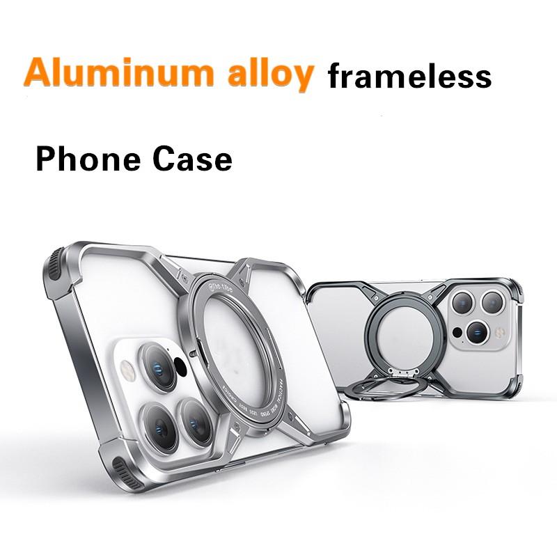 For iPhone 16 15 14 Pro Max Phone Case 360 Rotating Bracket Magnetic Rimless Metal Aluminum Alloy Shockproof Protection Cover