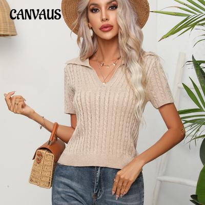 Twisted Lapel Short-sleeved Knit Sweater Women's Stranded Short Tops Summer Cross-border Women's Clothing
