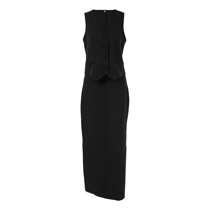 Temperament black mysterious V-neck sleeveless vest long split skirt set summer sexy casual commuter women's clothing