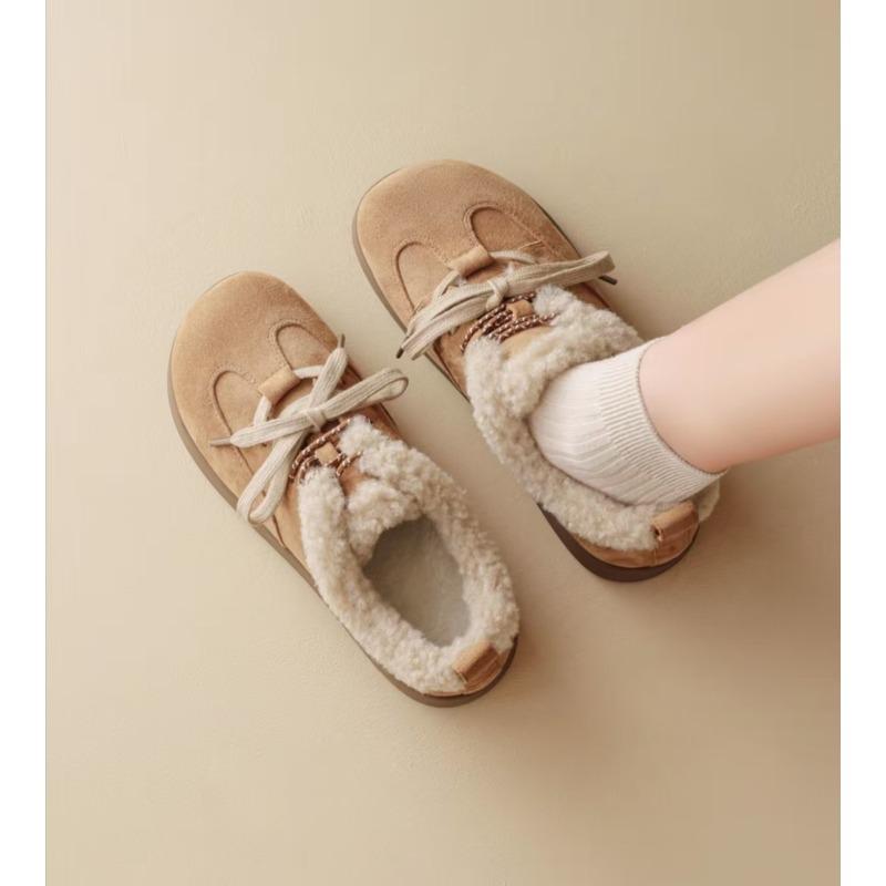 Fashion Fuzzy Warm Cotton Shoes 2025 New Autumn and Winter Lace-up Casual Retro Fleece Flats