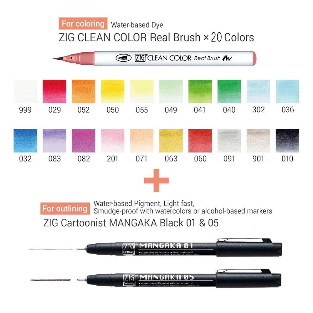 Kuretake Brush Pen Clean Color Real Brush + MANGAKA with Pouch Set RBCN160/22V