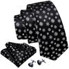 Barry Wang Men Tie Hankerchief Cufflinks Set Black White Snowflake Cartoon Pattern Christmas Atmosphere Tie