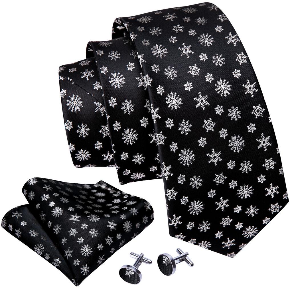 Barry Wang Men Tie Hankerchief Cufflinks Set Black White Snowflake Cartoon Pattern Christmas Atmosphere Tie