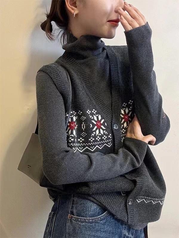

Retro Fair Isle Jacquard Knit Vest Two-Piece Set – Button-Up Waistcoat & Base Layer One Size