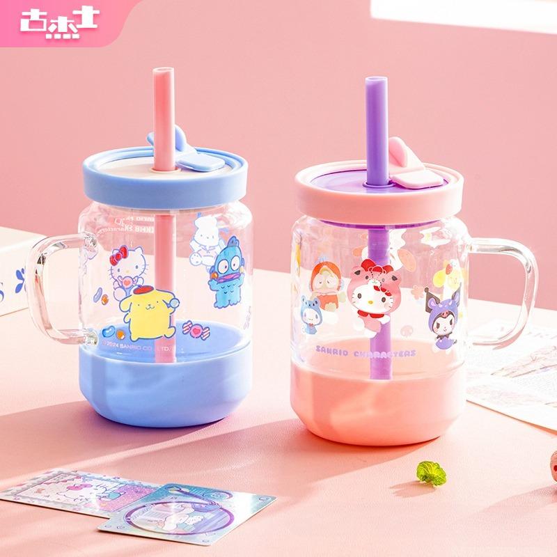 For Sanrio Straw Glass Cup High Borosilicate Glass Coffee Milk Mug Cartoon Juice Oat Cup with Heat-resistant Silicone Cup Sleeve